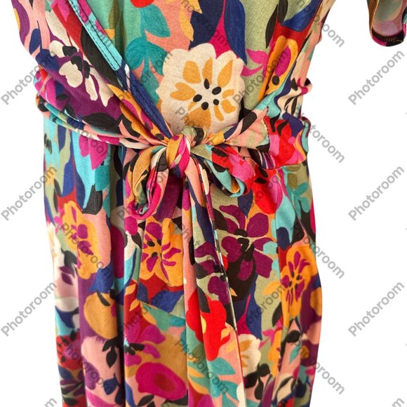 Salaam Medium Multicolor Floral Faux Wrap Side Tie Short Sleeve Dress - Picture 6 of 6